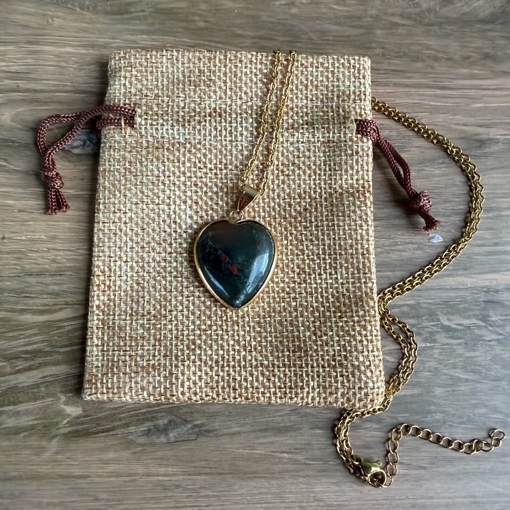 Bloodstone Necklace Bloodstone Pendant Gold Plated Crystal Heart Necklace